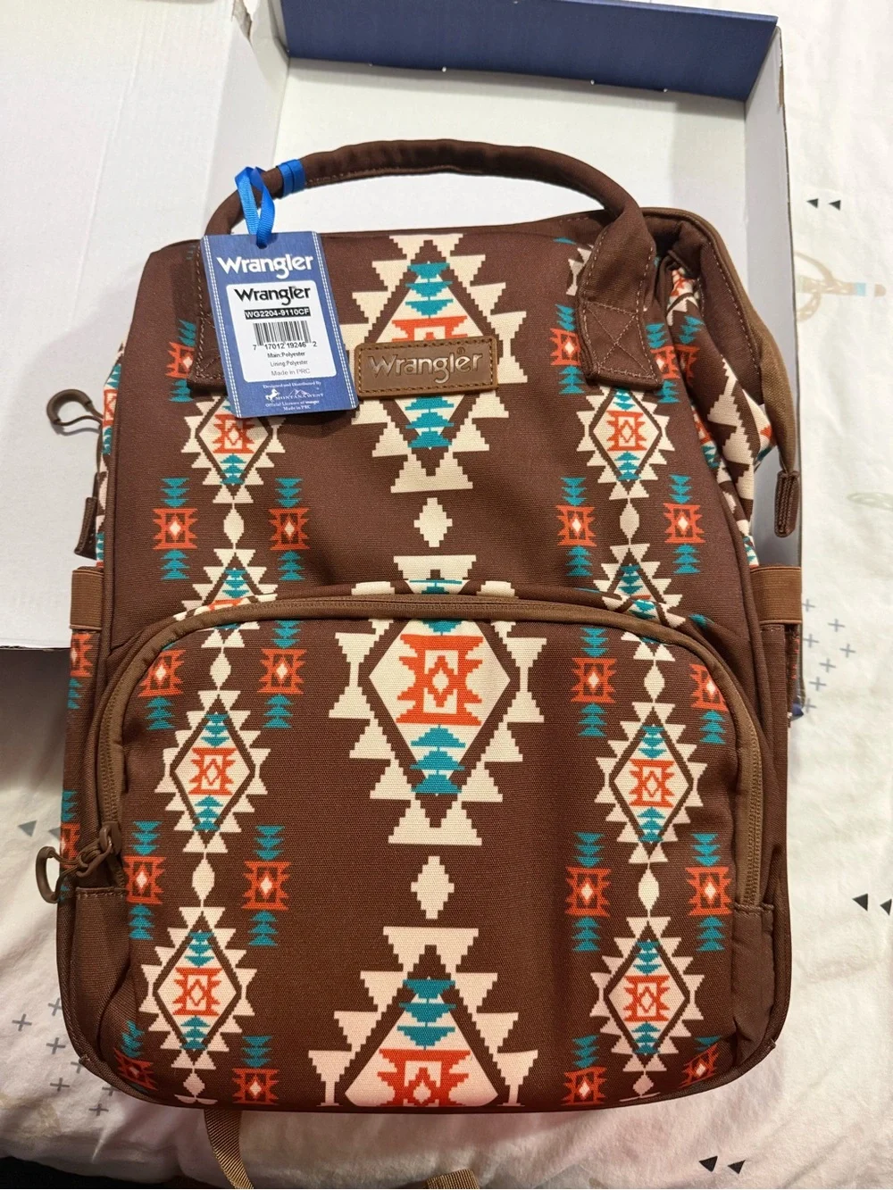 Wrangler Brown Aztec Print Backpack with Teal & Orange Accents